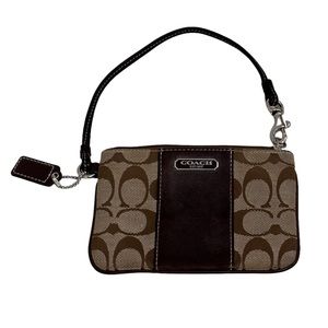 COACH Signature Logo Brown Leather & Canvas Zip Wristlet Vintage